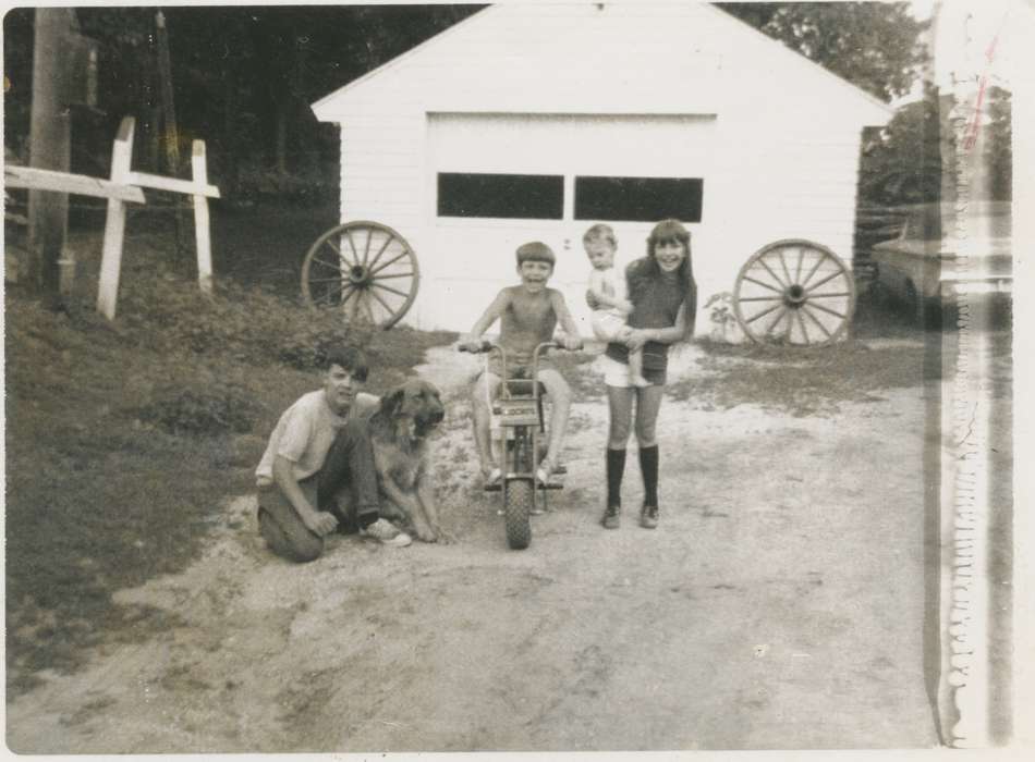 Portraits - Group, Leisure, history of Iowa, Iowa History, dirt bike, Animals, Sumner, IA, garage, Meyer, Norma, Iowa, Children, dog