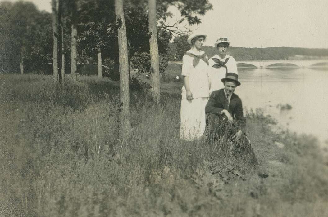 Portraits - Group, trees, IA, Iowa, LeQuatte, Sue, river, Lakes, Rivers, and Streams, bridge, history of Iowa, Iowa History