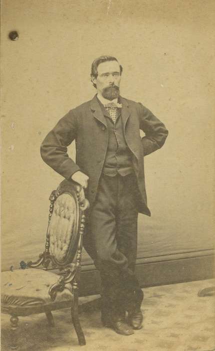 vest, sack coat, history of Iowa, Iowa History, beard, patterned carpet, chair, man, Iowa, Marion, IA, Olsson, Ann and Jons, correct date needed, carte de visite, bowtie, Portraits - Individual