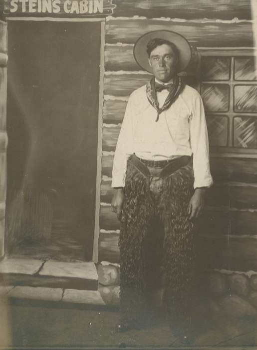 handkerchief, Iowa, USA, cowboy hat, pose, cabin, history of Iowa, Portraits - Individual, bow tie, cowboy, chaps, Iowa History, Spilman, Jessie Cudworth