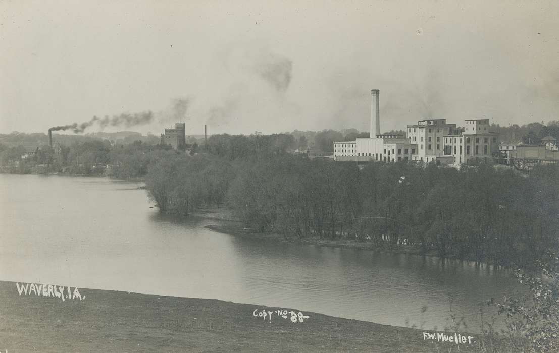smoke, history of Iowa, Iowa History, Cities and Towns, Businesses and Factories, trees, Lakes, Rivers, and Streams, brewery, Waverly, IA, Iowa, Landscapes, sugar factory, Waverly Public Library