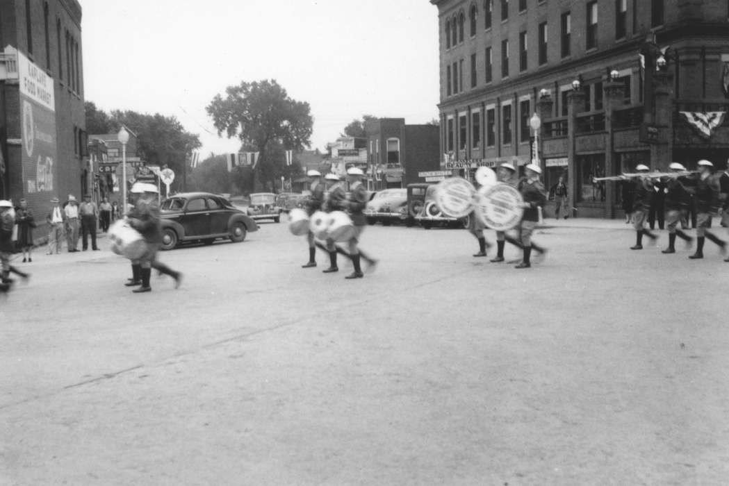 drums, Motorized Vehicles, Iowa, parade, Fairs and Festivals, Suarez, Christine, marching band, history of Iowa, Spirit Lake, IA, Main Streets & Town Squares, Iowa History