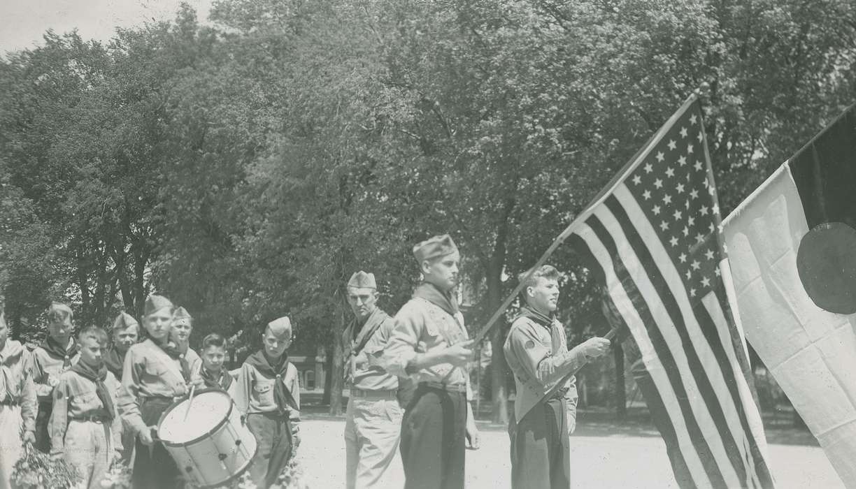 drum, falcon, history of Iowa, boy scout, McMurray, Doug, Iowa, patriotism, Children, procession, Iowa History, Portraits - Group, Webster City, IA