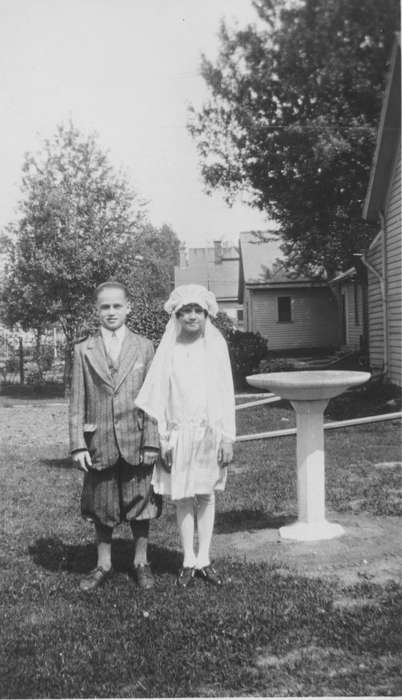 Portraits - Group, history of Iowa, bird bath, first communion, Iowa History, veil, Iowa, Religion, Feeney, Mary, Davenport, IA, Children, suit