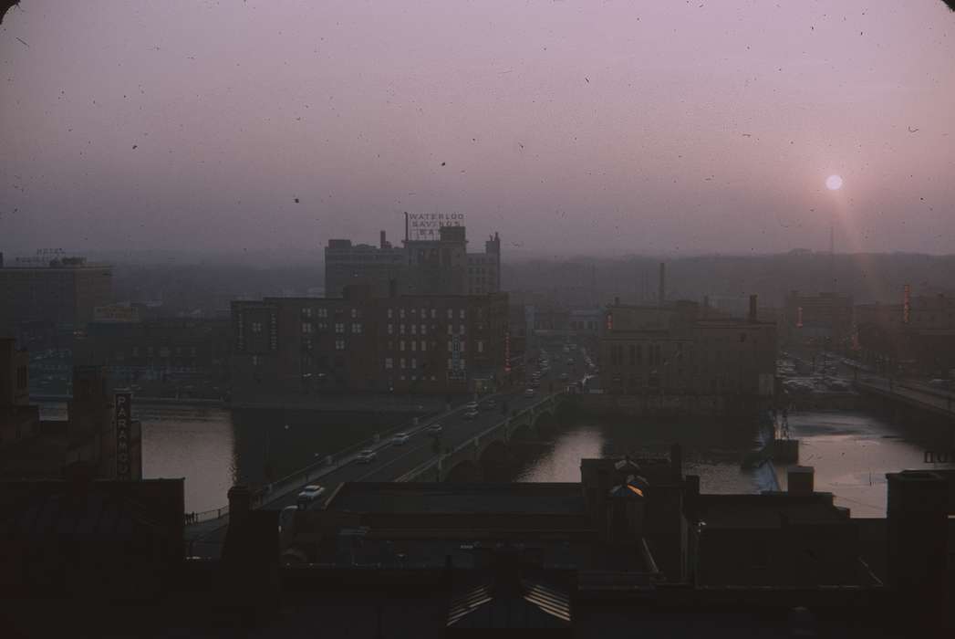 bridge, sunset, history of Iowa, Sack, Renata, Iowa History, downtown, Lakes, Rivers, and Streams, cedar river, Iowa, Cities and Towns, Waterloo, IA, waterloo savings bank, bank