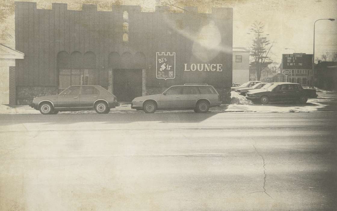 sign, history of Iowa, Businesses and Factories, lounge, Waverly, IA, Waverly Public Library, Iowa, car, Motorized Vehicles, road, building, Iowa History, Cities and Towns