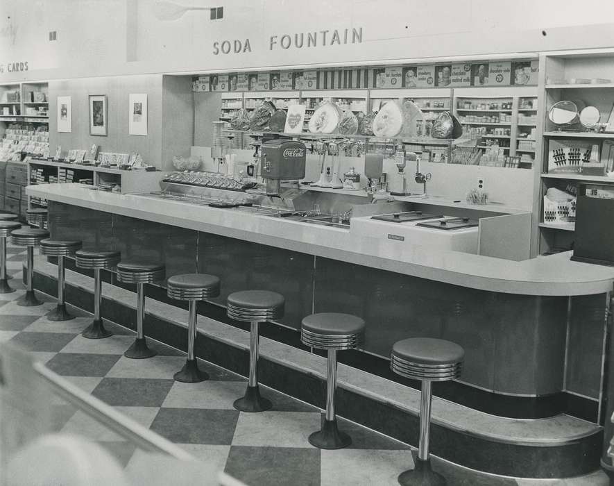 cocacola, history of Iowa, soda fountain, Main Streets & Town Squares, Iowa, counter, Cities and Towns, tap, Waverly Public Library, soda, valentine's, Iowa History, diner