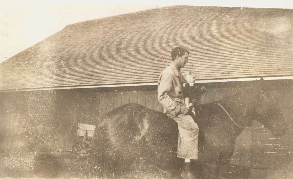 Lang, Mavis, history of Iowa, Iowa History, Barns, Animals, man, Chickasaw County, IA, Iowa, Farms, horse, baby