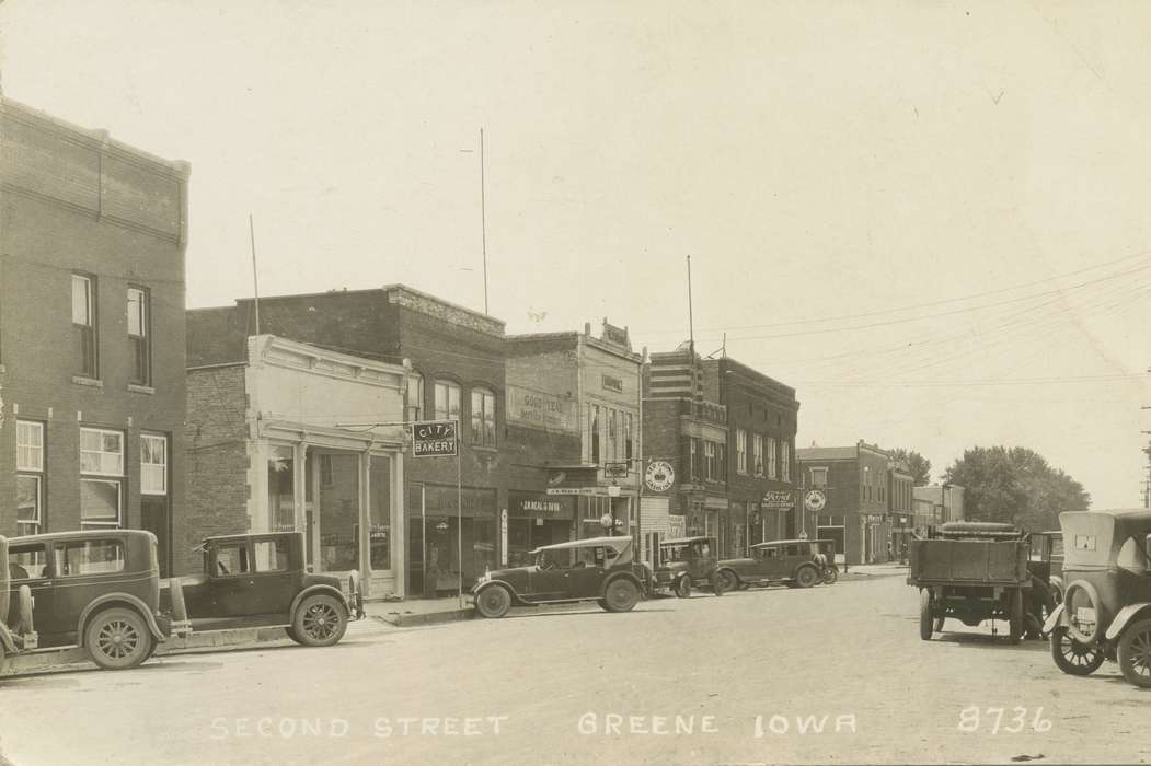 Main Streets & Town Squares, history of Iowa, Iowa History, bakery, truck, Motorized Vehicles, store, car, Iowa, Cities and Towns, Palczewski, Catherine, Greene, IA
