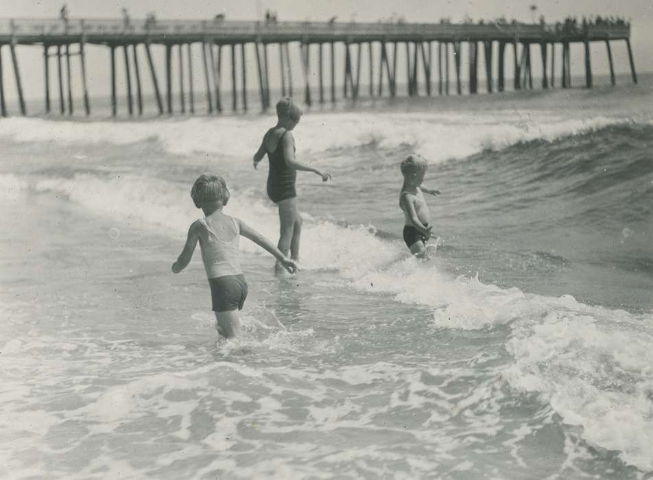 Travel, girl, Ocean Grove, NJ, beach, bathing suit, McMurray, Doug, pier, swimsuit, wave, history of Iowa, Iowa History, shore, ocean, playing, Iowa, boy, Children, Leisure, Outdoor Recreation