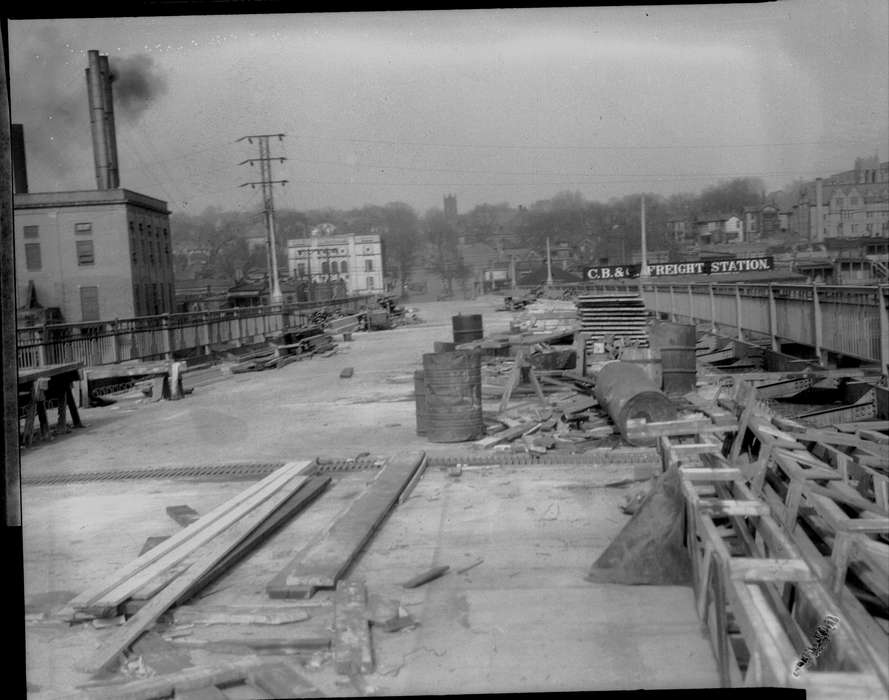 construction, Ottumwa, IA, history of Iowa, Lemberger, LeAnn, wood, bridge, Iowa, Cities and Towns, Iowa History, railing, telephone pole