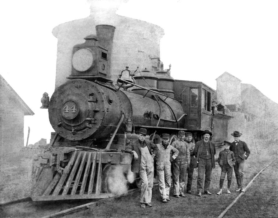 Portraits - Group, train, Ottumwa, IA, Iowa, steam engine, Iowa History, hat, Train Stations, locomotive, Lemberger, LeAnn, railroad, Labor and Occupations, history of Iowa, coal chute, Motorized Vehicles, cow catcher, watch tower