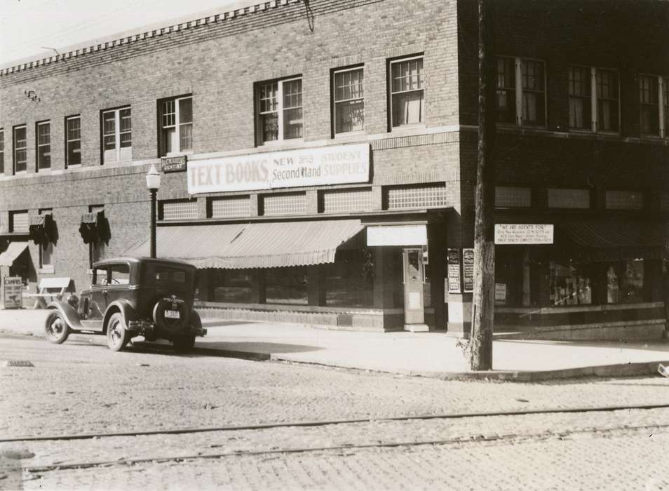 UNI Special Collections & University Archives, drug store, street, history of Iowa, iowa state teachers college, Motorized Vehicles, drugstore, Iowa, uni, Cities and Towns, car, Cedar Falls, IA, Businesses and Factories, college hill, Iowa History, university of northern iowa