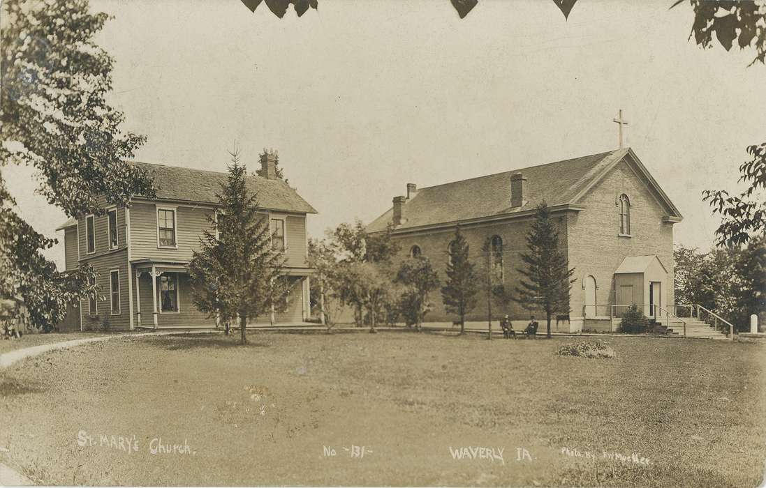 Waverly, IA, Cemeteries and Funerals, Religious Structures, landscape, Homes, history of Iowa, church, cemetery, rectory, Iowa, correct date needed, trees, Waverly Public Library, Iowa History, Landscapes