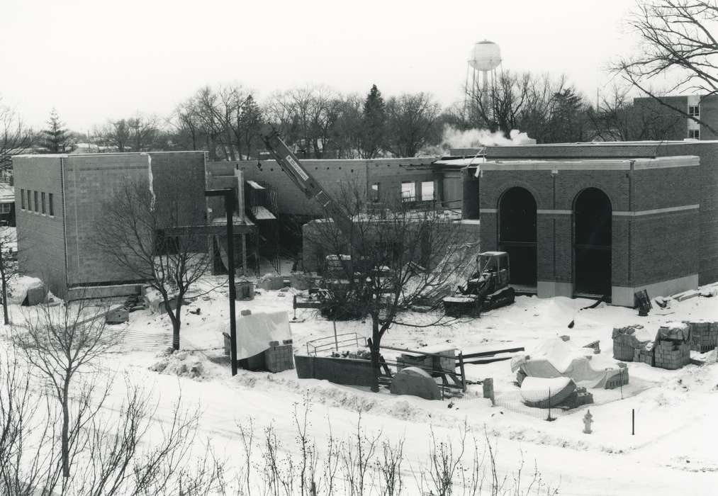 construction, history of Iowa, construction materials, Waverly Public Library, snow, Waverly, IA, Iowa, Motorized Vehicles, college, Winter, wartburg college, brick building, building, wartburg, Schools and Education, Iowa History