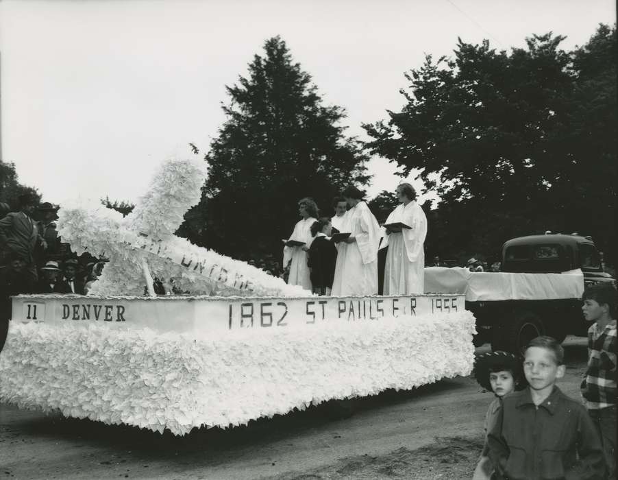 Portraits - Group, Denver, IA, choir, history of Iowa, Iowa History, pickup truck, Entertainment, Motorized Vehicles, cross, parade float, Iowa, robe, Children, Waverly Public Library, Religion