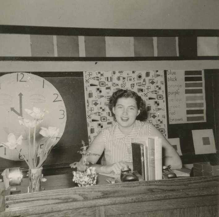 history of Iowa, Iowa History, Wiese, Rose, clock, teacher, classroom, Tama, IA, Iowa, desk, Schools and Education, Portraits - Individual