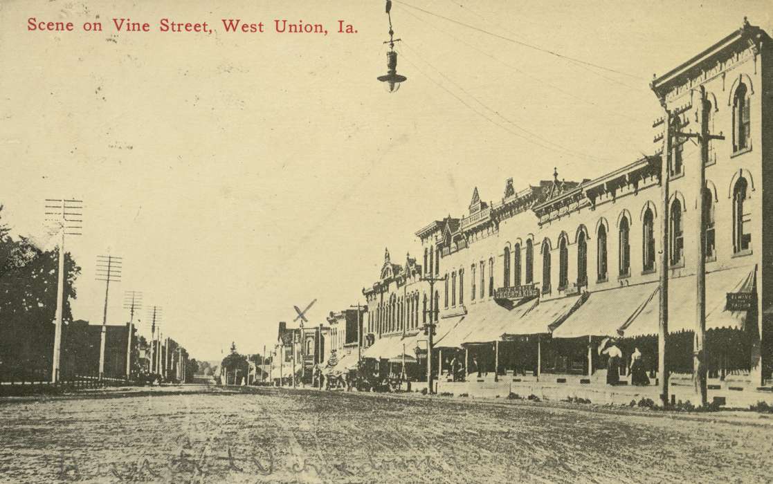 history of Iowa, Baker, Earline, West Union, IA, storefront, telephone pole, Main Streets & Town Squares, mud, Iowa, Cities and Towns, store, Iowa History, road