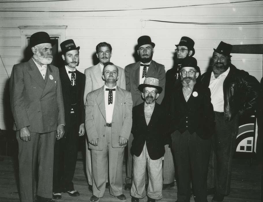 beard, history of Iowa, hat, Entertainment, Portraits - Group, Waverly Public Library, bowtie, Iowa, bowler hat, Denver, IA, costume, glasses, Iowa History, button, moustache, little person