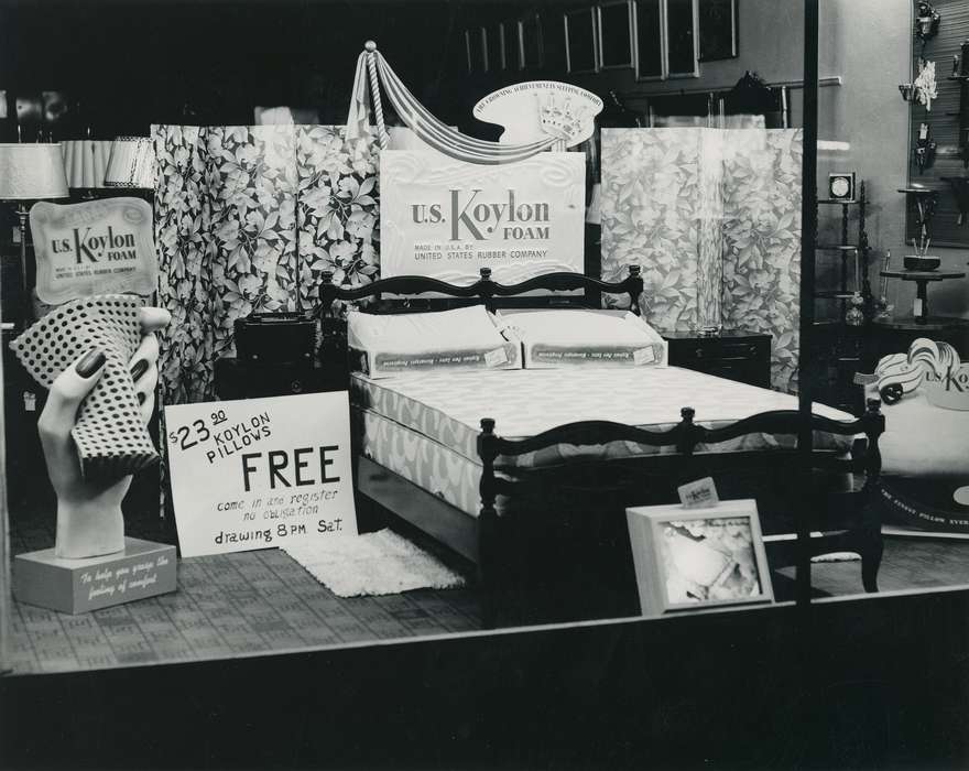 nightstand, history of Iowa, display, Iowa History, storefront, Businesses and Factories, koylon, hand, bed, Iowa, Waverly Public Library, bed frame