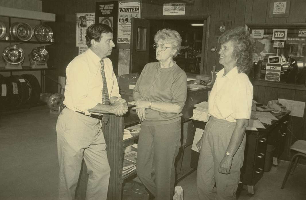 Portraits - Group, poster, Waverly Public Library, telephone, history of Iowa, Iowa History, woman, Businesses and Factories, tire store, Waverly, IA, adding machine, Iowa, desk, tire, congressman, counter, wheel