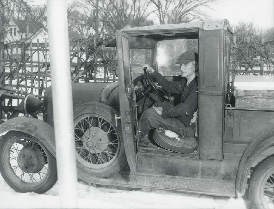 Travel, history of Iowa, Iowa History, IA, truck, Motorized Vehicles, man, Iowa, tires, Waverly Public Library