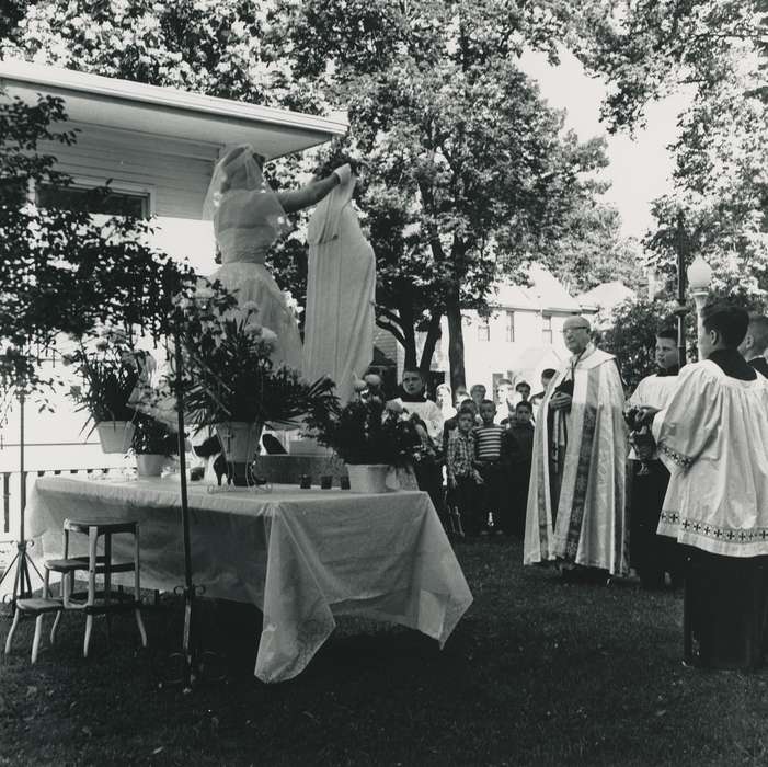 history of Iowa, outdoors, Waverly Public Library, outside, Iowa, church, Religion, religion, flowers, Iowa History, children, priest, church service, IA