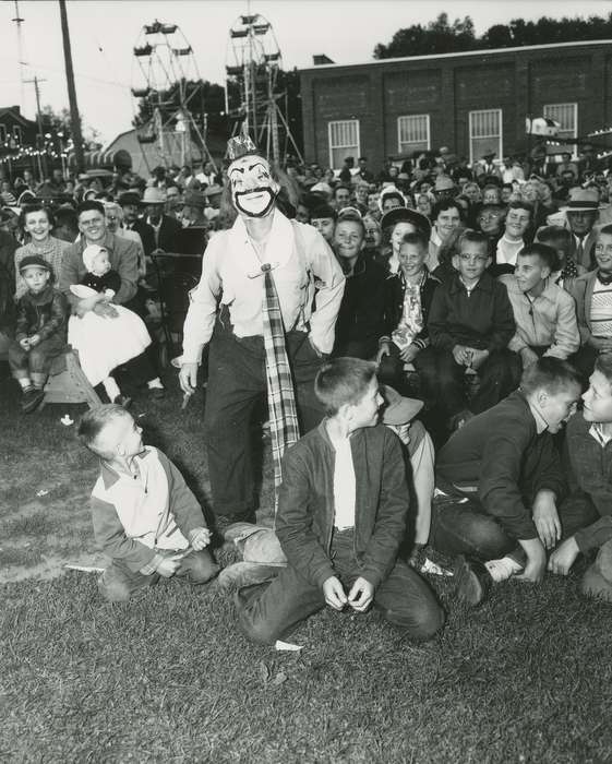 Main Streets & Town Squares, ferris wheel, Iowa History, history of Iowa, Entertainment, brick building, library, crowd, clown, Iowa, Cities and Towns, fire station, Children, Waverly Public Library, Denver, IA, Portraits - Individual