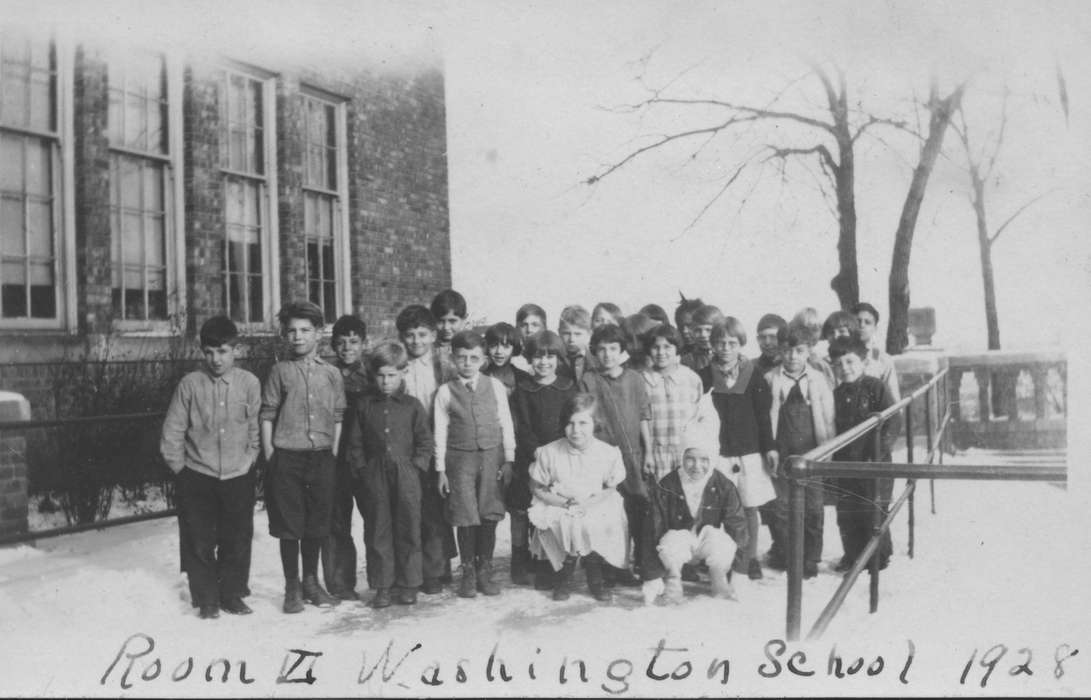 Portraits - Group, history of Iowa, Iowa History, IA, brick, Winter, children, girl, smile, girls, boys, school, Iowa, King, Tom and Kay, boy, Schools and Education, snow, Children