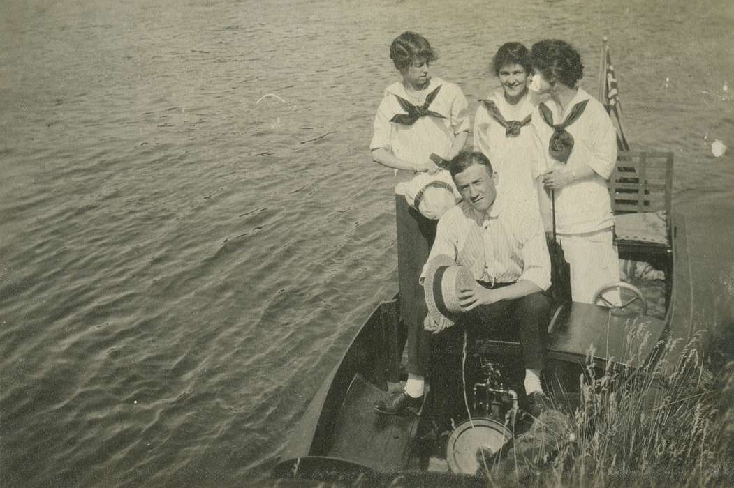 Outdoor Recreation, Portraits - Group, IA, Iowa, hat, Leisure, boat, LeQuatte, Sue, Lakes, Rivers, and Streams, history of Iowa, boaters hat, Iowa History