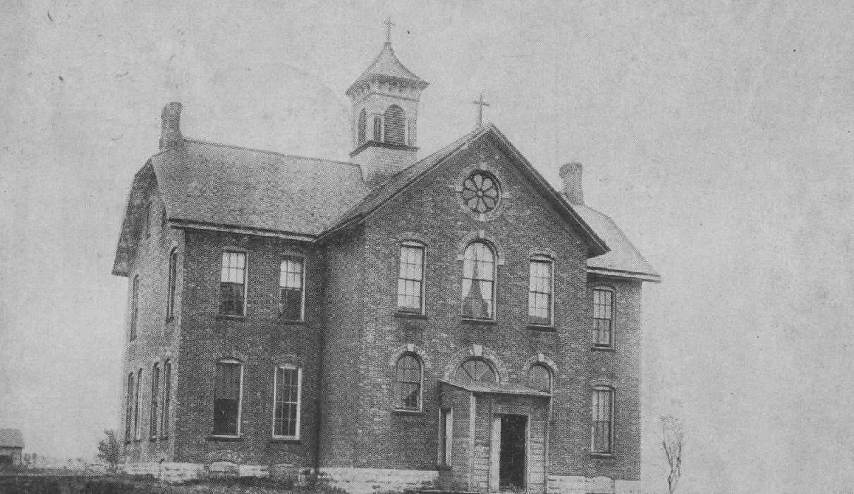 history of Iowa, Iowa History, Wesley, IA, brick, Iowa, Schools and Education, Feeney, Mary, school, stained glass