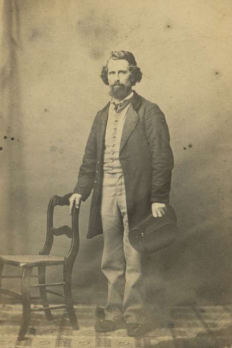 carte de visite, Amboy, IL, Iowa, vest, hat, chair, frock coat, Olsson, Ann and Jons, Portraits - Individual, beard, man, mustache, history of Iowa, Iowa History