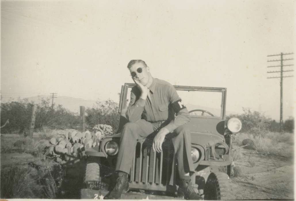 Portraits - Individual, car, Iowa History, Iowa, Motorized Vehicles, Little, Jeanne Weigel, uniform, Tucson, AZ, Travel, military police, Military and Veterans, jeep, history of Iowa