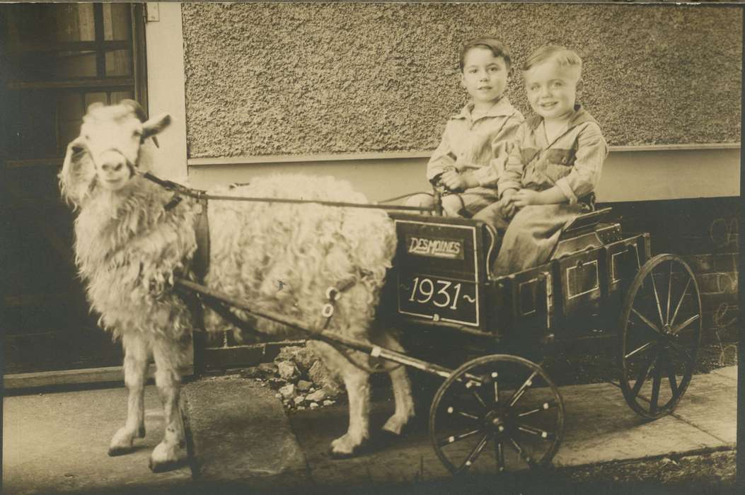 Portraits - Group, Roquet, Ione, Iowa, goat, Animals, Children, Des Moines, IA, boys, history of Iowa, Iowa History, wagon