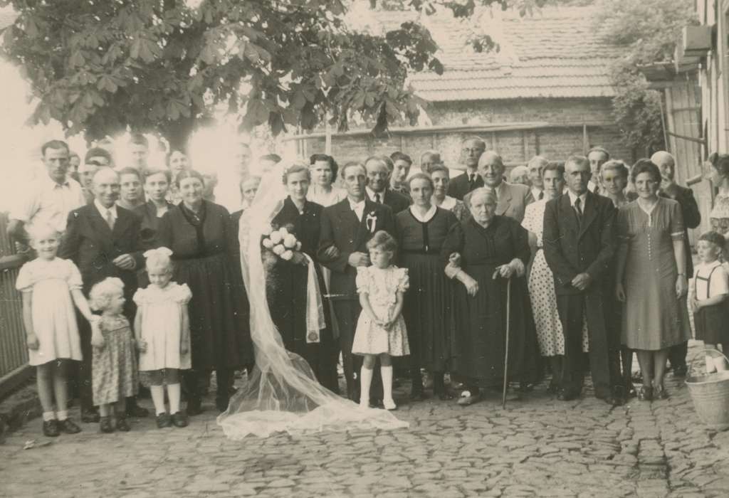 bride, Weddings, stone road, Cook, Mavis, history of Iowa, wedding, Iowa, building, Iowa History, Scotland, tree, Portraits - Group, family