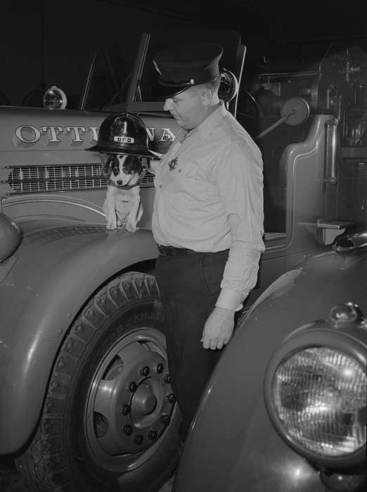dog, fire department, history of Iowa, Iowa History, Ottumwa, IA, puppy, Motorized Vehicles, Animals, fireman, fire truck, Iowa, Lemberger, LeAnn, silly, Leisure, Labor and Occupations