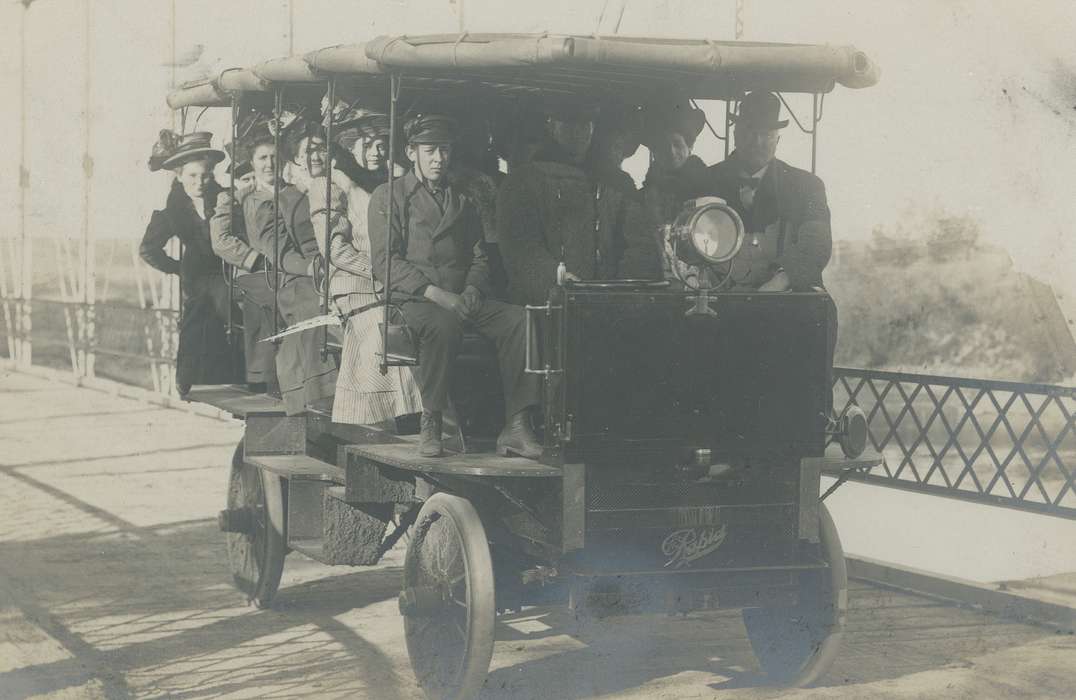 Portraits - Group, Iowa, Motorized Vehicles, Meyer, Sarah, bus, ford bus, history of Iowa, Waverly, IA, Main Streets & Town Squares, Iowa History, Labor and Occupations