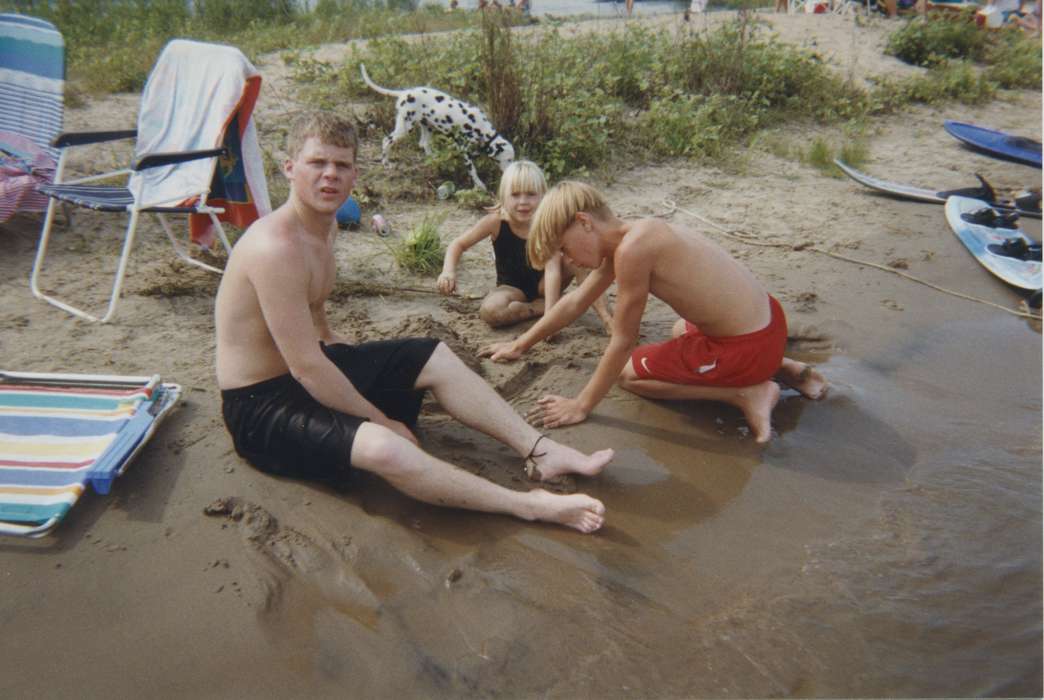 Portraits - Group, sand, Outdoor Recreation, Animals, Iowa History, Lakes, Rivers, and Streams, history of Iowa, dalmatian, dog, IA, Hill, John, Iowa, Children