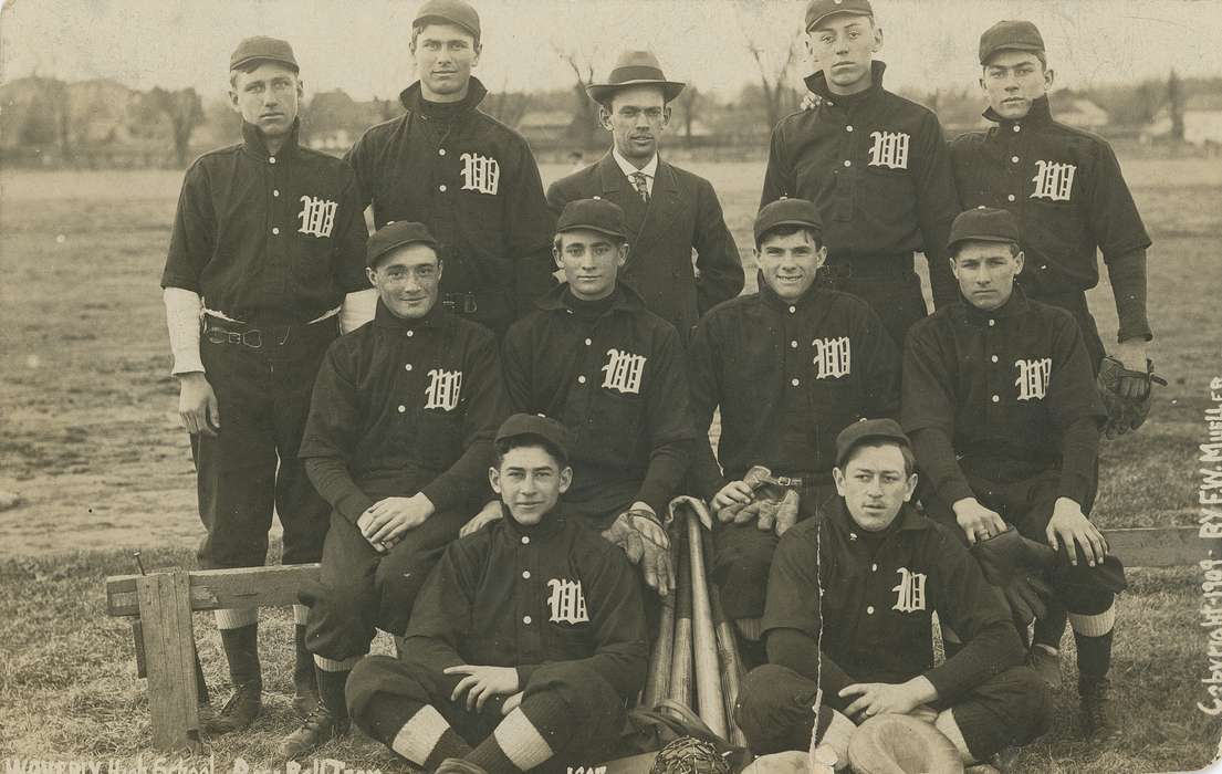 Children, coach, smile, history of Iowa, Portraits - Group, post card, uniform, Waverly, IA, Waverly Public Library, postcard, Iowa, baseball, baseball hat, Iowa History, Schools and Education, Sports