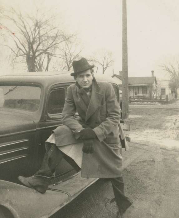 gloves, history of Iowa, coat, Motorized Vehicles, Iowa, USA, car, Arensdorf, Maureen, Portraits - Individual, Iowa History, man, Winter