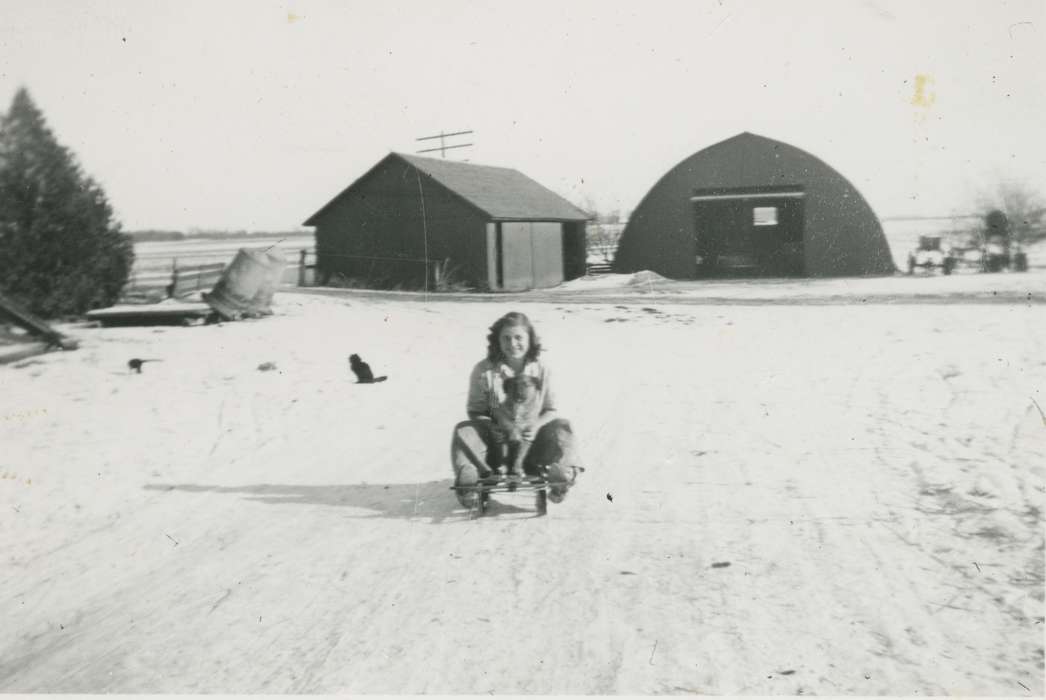 Iowa, Animals, New Hampton, IA, dog, Leisure, Brus, Mildred, Barns, Portraits - Individual, sledding, Winter, history of Iowa, Iowa History, sled