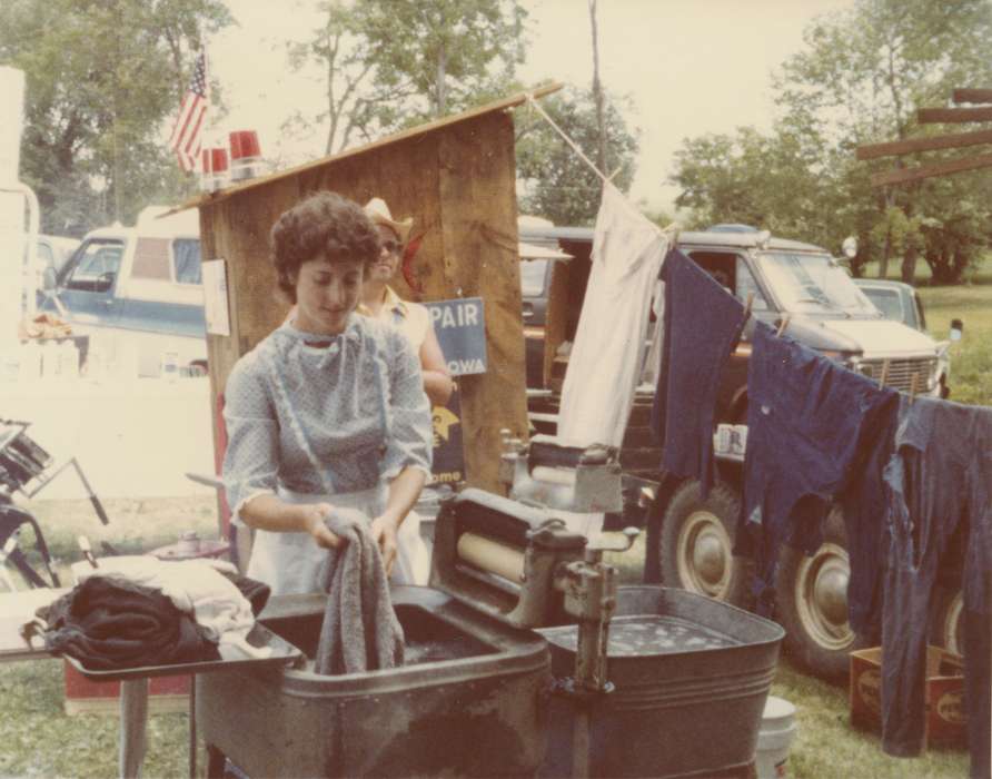 Portraits - Group, clothesline, history of Iowa, Iowa History, Families, Wiese, Rose, Motorized Vehicles, Belle Plaine, IA, Fairs and Festivals, laundry, Iowa, ringer washer, dress