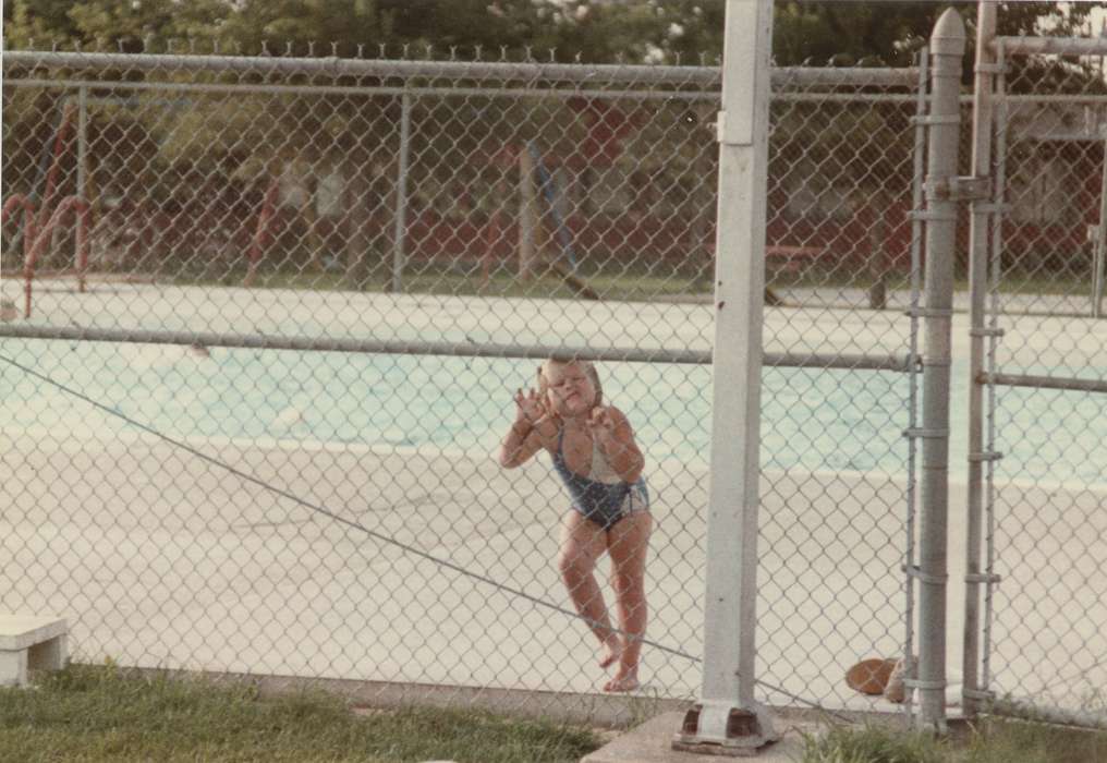 fence, history of Iowa, Iowa History, bathing suit, Reinbeck, IA, swimming suit, East, Lindsey, Iowa, Outdoor Recreation, swimsuit, silly, Children, pool, Portraits - Individual