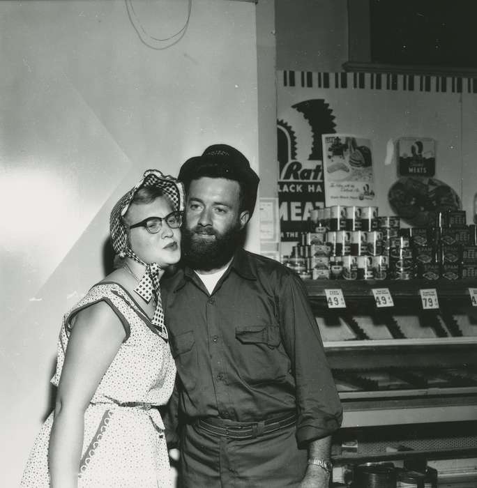 magazine, beard, Iowa History, Waverly Public Library, Iowa, history of Iowa, Businesses and Factories, Portraits - Group, bowler hat, costume, advertisement, grocery store, mustache, Denver, IA, can