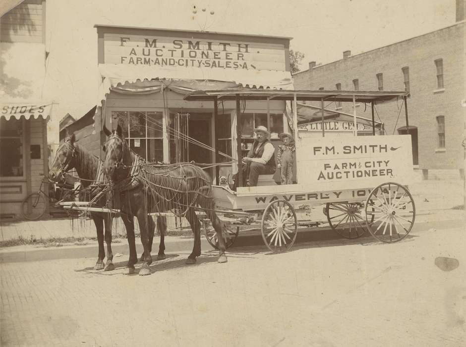 Cities and Towns, Animals, awning, wagon wheel, hat, Waverly Public Library, Main Streets & Town Squares, history of Iowa, Iowa, horse, Iowa History, Businesses and Factories, carriage