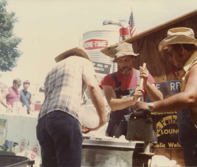 Portraits - Group, hat, cigarette, Iowa History, Iowa, Belle Plaine, IA, Families, ice cream, history of Iowa, overalls, butter churn, Wiese, Rose, Fairs and Festivals, Food and Meals