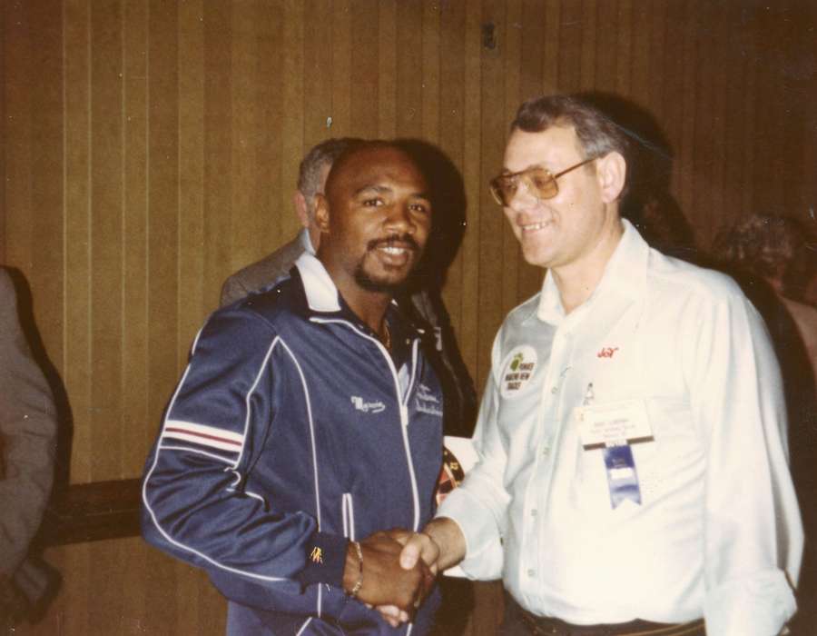 Portraits - Group, glasses, wood panelling, facial hair, african american, Iowa History, Iowa, mustache, Sports, Davenport, IA, handshake, Corbin, Kim, history of Iowa, People of Color