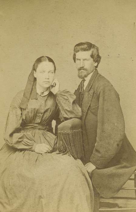 Portraits - Group, carte de visite, Iowa, couple, woman, Washington, IA, frock coat, hoop skirt, Olsson, Ann and Jons, history of Iowa, beard, lace collar, man, mustache, brooch, bow tie, Iowa History