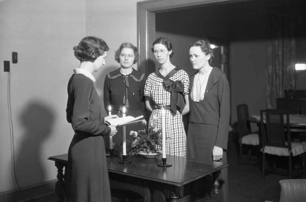 table, hairstyle, Cedar Falls, IA, history of Iowa, Iowa History, candle, dining room, uni, iowa state teachers college, centerpiece, UNI Special Collections & University Archives, Iowa, Schools and Education, dress, university of northern iowa