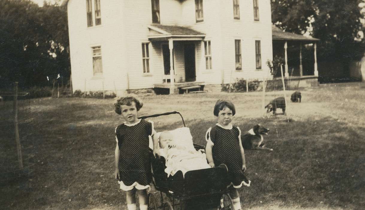 Portraits - Group, history of Iowa, Iowa History, Families, baby carriage, siblings, Spilman, Jessie Cudworth, Iowa, Homes, house, Children, dog, baby, USA